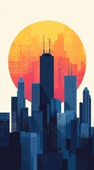 Wall Mural - A colorful sunset over a modern skyline, featuring high-rise buildings silhouetted against the vibrant orange and red sun.