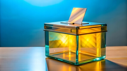 Poster - Holographic Ballot Box in Futuristic Setting: Close-Up of Glowing Blue Voting System Symbolizing Digital Transformation - Stock Photo Concept