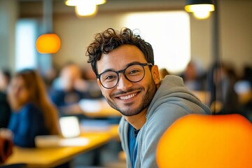 Sticker - A man with glasses smiles at the camera in a classroom