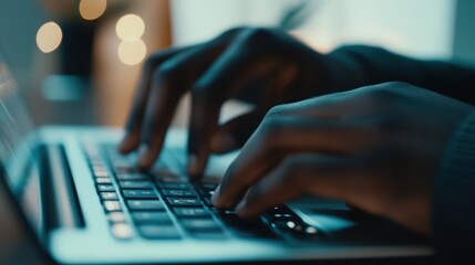 programmer writing code on laptop keyboard at night working late