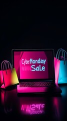 A laptop shows 'Cyber Monday Sale' surrounded by colorful bags, representing online shopping and e-commerce sales.