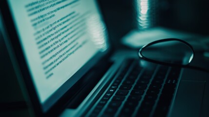 Open laptop showing code on screen sitting on desk next to glasses