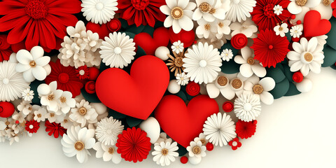 A bouquet of flowers with two red hearts in the center. Concept of love and affection