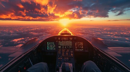 Cockpit View of a Sunset Flight Above Clouds