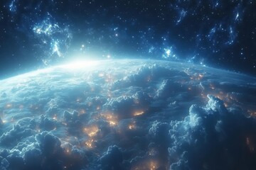 Wall Mural - wide cosmic expanse filled with vibrant blue nebulae and twinkling stars evoking a sense of wonder a