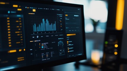Wall Mural - computer screen showing graphs and data visualizations in a modern office environment