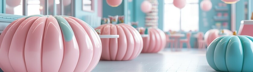 Canvas Print - Pastel Pink and Blue 3D Pumpkins in a Candy Shop Interior.