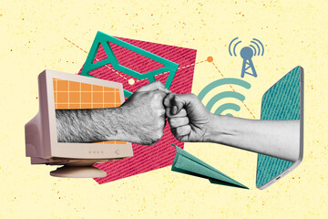 Canvas Print - Creative abstract template collage of fists greeting monitor computer wifi letters internet connection unusual fantasy billboard comics