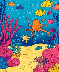 Cartoon underwater scene with colorful fish, coral reefs, and an octopus