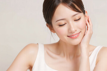 A woman with a white tank top and a smile on her face 