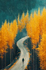 Wall Mural - A man walks along a road, which is made of yellow trees and in one place curves to the right