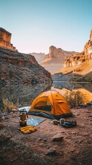 a peaceful camping scene by the river, featuring a vibrant tent set against a stunning mountain back