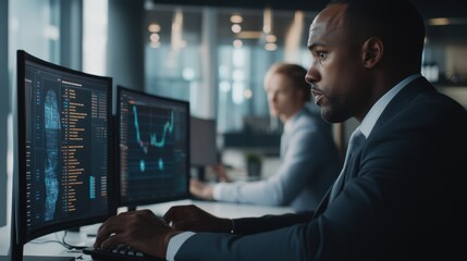 Wall Mural - financial analyst working on computer with analytics and charts on screen in office