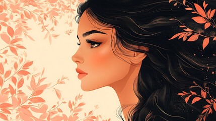 Wall Mural - Digital Illustration of a Beautiful Woman with Long Dark Hair