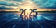 ©  S u n n y B u n n y - Futuristic 2025 solar panel concept at sunset. Eco-card for the New Year 2025, made from solar panels and high technology.