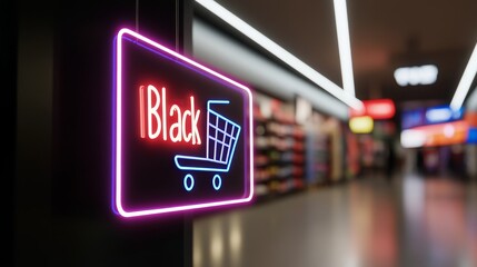 A vibrant neon sign displaying a shopping cart logo and the words 'Black Friday' in a retail store aisle, highlighting sales.