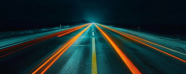 Long exposure highway at night with light trails, dynamic speed and motion concept