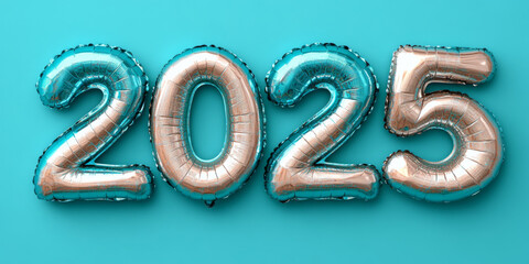 Color balloons forming the New Year number 2025 on blue background