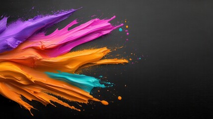 Vibrant colorful paint splashes on black background showcasing bright purple, orange, pink, and turquoise brush strokes