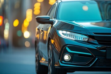 New Black Car with Illuminated Headlight and Metallic Bumper on the Street