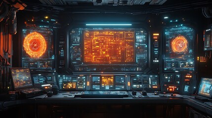 Futuristic spaceship control panel with holographic displays and glowing buttons.