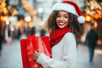 Portrait of a young smiling woman doing shopping before christmas.