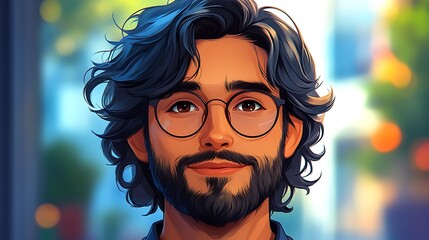 Canvas Print - Smiling young man with beard and curly hair wearing round eyeglasses