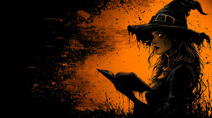 Poster - A woman in a witch hat is reading a book. The image has a spooky and mysterious mood