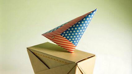 Sticker - Soaring Voter Registration: Paper Airplane Ascending with Voter Form Details Against a White Backdrop - Boost Participation Concept