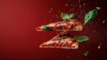 Two pizza slices, loaded with herbs and spices, float mid-air with crumbs and leaves, set against a bold red background, emphasizing the art of food presentation.