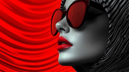 Sticker - Woman with red lipstick wearing red sunglasses and a zebra patterned head scarf in front of a red curtain