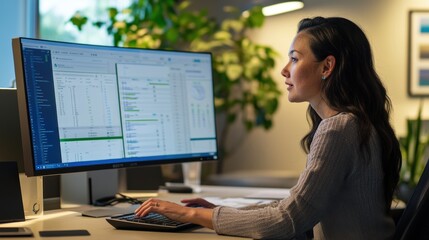Female programmer is working on code late at night in the office
