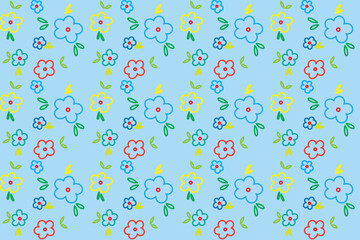 Wall Mural - Illustration pattern, Repeating line of abstract multicolor flower with leaf on soft blue background.