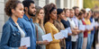 © tynza - Crowds of voters standing in line outside polling stations, holding ballots, diverse group, election day excitement.