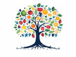 © Netaya - Flat Vector Illustration of a Floating Sustainability Tree with Community-Shaped Fruits, Showcasing ESG Principles and Benefits in a Wide Shot
