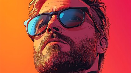 Wall Mural - Close up portrait of a man with beard wearing sunglasses, colorful retro style illustration