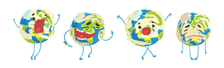 Sticker - Funny Earth Planet Character with Face and Arm Vector Set