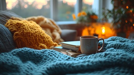 Cozy Winter Morning with a Cup of Coffee and Books on a Blanket