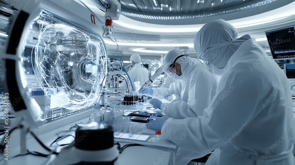 Group of scientists in a futuristic lab working on human DNA sequencing ...
