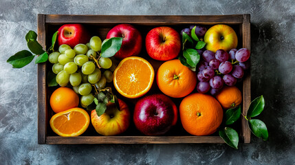 Sticker - Wooden box filled with assorted fruits, including apples, oranges, and grapes.