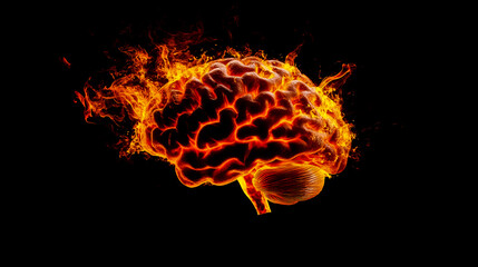 Human brain in flame on a black background, showcasing intricate details of its structure and texture.