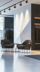 Wall Mural - Contemporary fashion boutique interior featuring stylish chairs, modern lighting, and elegant clothing displays.