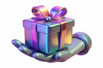 Holographic Gift Concept: Close-Up of Flat Santa Holding a Shimmering Present in a Magical, Futuristic Style � Vector Illustration