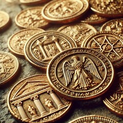 A detailed close-up shot of ancient gold coins, featuring intricate engravings of historical symbols and patterns.