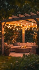 Cozy outdoor space illuminated by warm lights, perfect for gatherings, relaxation, or evening entertainment under a wooden pergola.