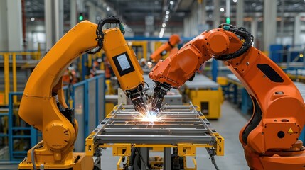 Two robotic arms collaborating in a modern factory, demonstrating advanced automation and precision in manufacturing processes.