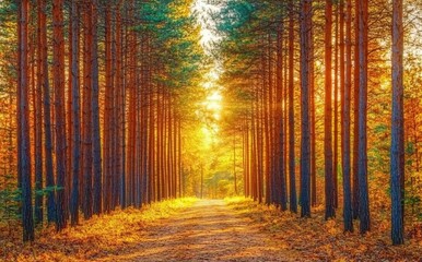 Nature scene in autumn forest. Sunrays shining through branches of trees. A stunning scene in nature.