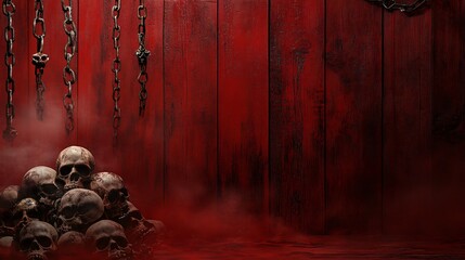 Wall Mural - Red wooden background with skull pile and hanging chains.