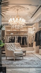 Wall Mural - Elegant interior showcasing a stylish seating area with a chandelier and organized clothing racks, perfect for fashion display.