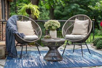 3-piece patio temporary set featuring two gray wicker chairs and an end table on a blue outdoor rug.